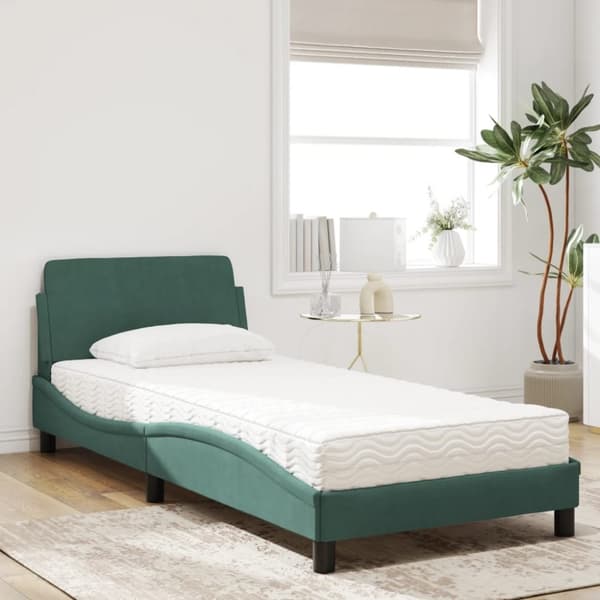 vidaXL seng med madras 90x190 cm velour mørkegrøn