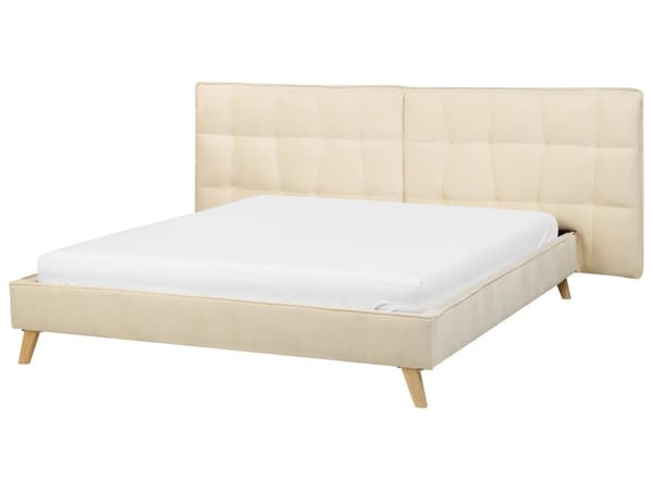 Sängram Beige Sammet Tuftad Klädsel Ljusa Träben Vingbädd Säng Dubbelstorlek 160 x 200 cm Lameller med Justerbar Huvudgavel Sovrum