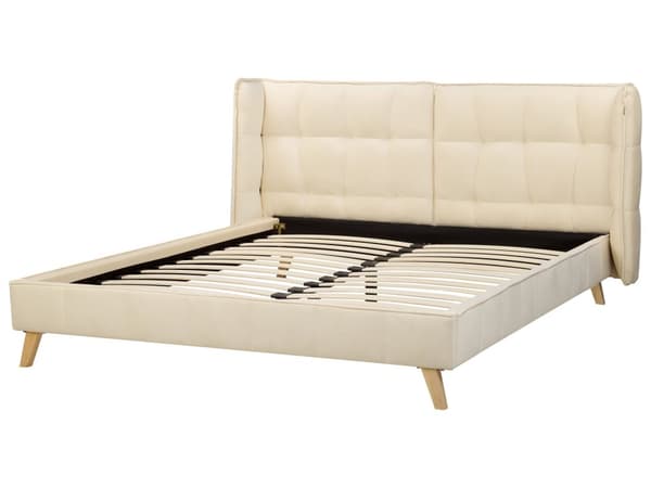 Sängram Beige Sammet Tuftad Klädsel Ljusa Träben Vingbädd Säng Dubbelstorlek 160 x 200 cm Lameller med Justerbar Huvudgavel Sovrum