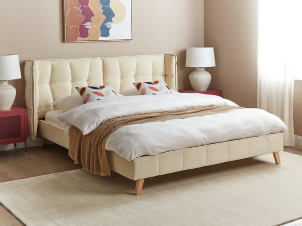 Sängram Beige Sammet Tuftad Klädsel Ljusa Träben Vingbädd Säng Dubbelstorlek 160 x 200 cm Lameller med Justerbar Huvudgavel Sovrum