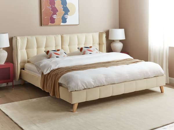 Seng Beige Velour 180 x 200 cm Moderne To Mands Seng Justerbar Sengegavl Dobbeltseng Sengeramme Retro Design Træben