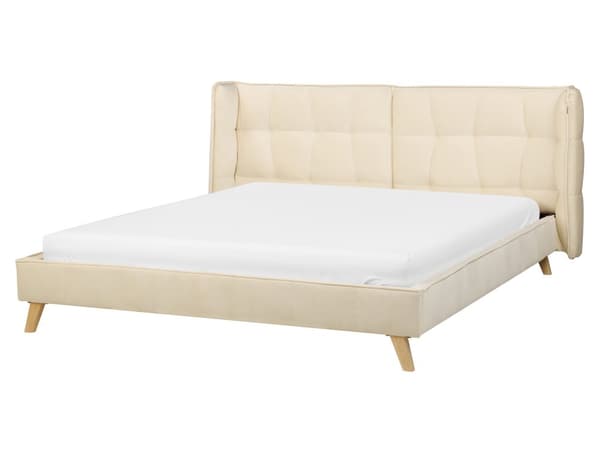 Sengeramme Beige Fløyel 160 x 200 cm Tuftet Polstring Lyst Tre Ben Lamell med Justerbar Sengegavl