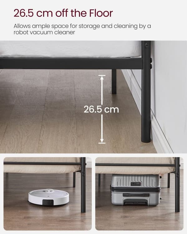 Rootz sort metal sengestel - Pulverlakeret sengeplads - Robust ramme - Nem montering - 207,6 cm x 161,8 cm x 86 cm - 23,5 kg - 400 kg Kapacitet