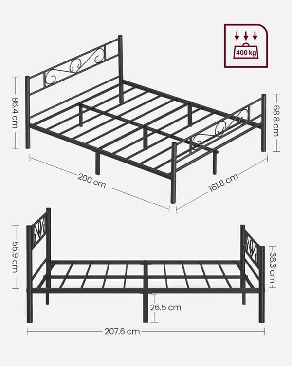 Rootz sort metal sengestel - Pulverlakeret sengeplads - Robust ramme - Nem montering - 207,6 cm x 161,8 cm x 86 cm - 23,5 kg - 400 kg Kapacitet