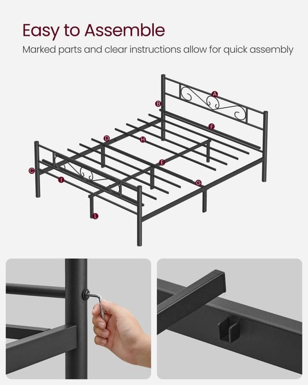 Rootz sort metal sengestel - Pulverlakeret sengeplads - Robust ramme - Nem montering - 207,6 cm x 161,8 cm x 86 cm - 23,5 kg - 400 kg Kapacitet