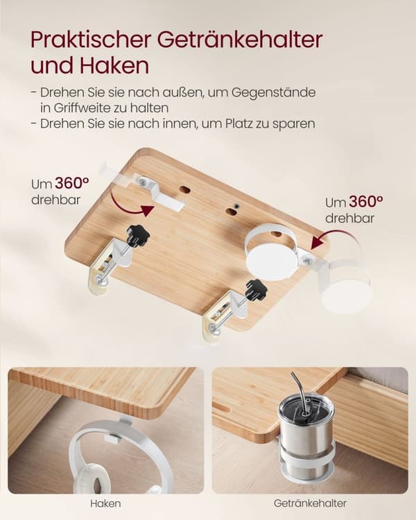 Rootz Bamboo Sengebakke - Morgenmadsbord - Skødeskrivebord - Naturlig beige - Bambus og metal - Letvægts - Bærbar - Nem montering - 27 cm x 37,8 cm x