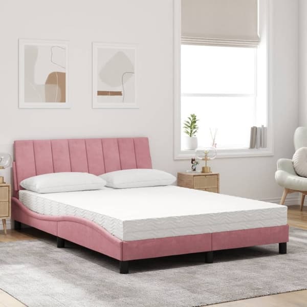 vidaXL seng med madras 140x190 cm velour lyserød