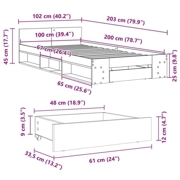 vidaXL Sängram med låda rökfärgad ek 100x200 cm konstruerad trä