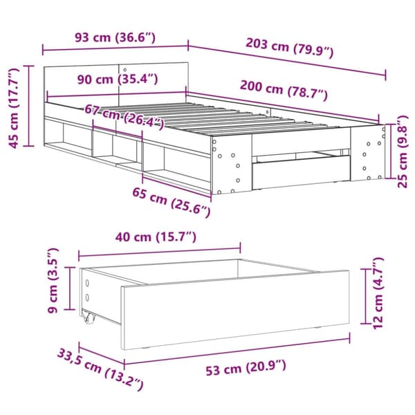 vidaXL Sängynrunko laatikolla harmaa Sonoma 90x200 cm tekninen puu