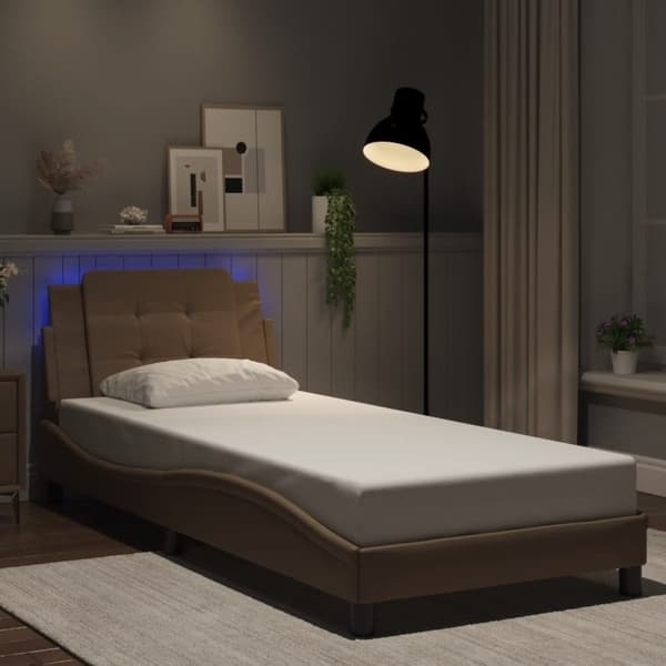 vidaXL sengeramme med LED-lys 90x190 cm kunstlæder cappuccinofarvet