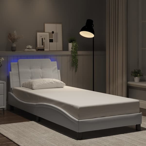 vidaXL sengeramme med LED-lys 90x200 cm kunstlæder hvid