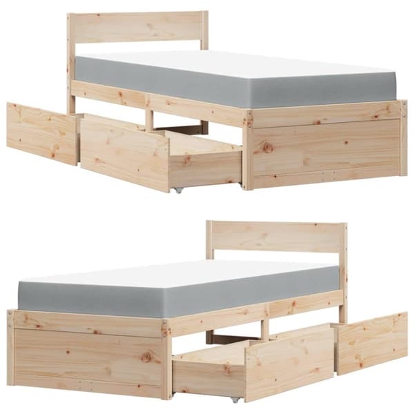 vidaXL Seng med skuffer og madrass 90x200 cm heltre furu