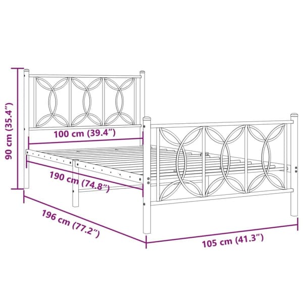 vidaXL Sengeramme i metall med hode- og fotgavl hvit 100x190 cm