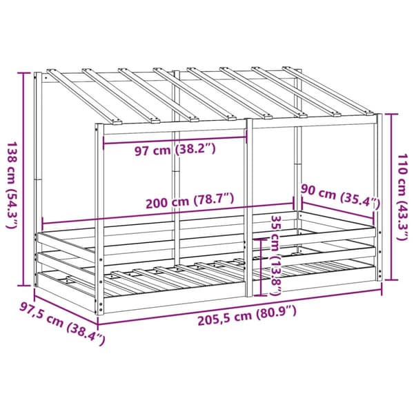 vidaXL Barneseng med tak voksbrun 90x200 cm heltre furu