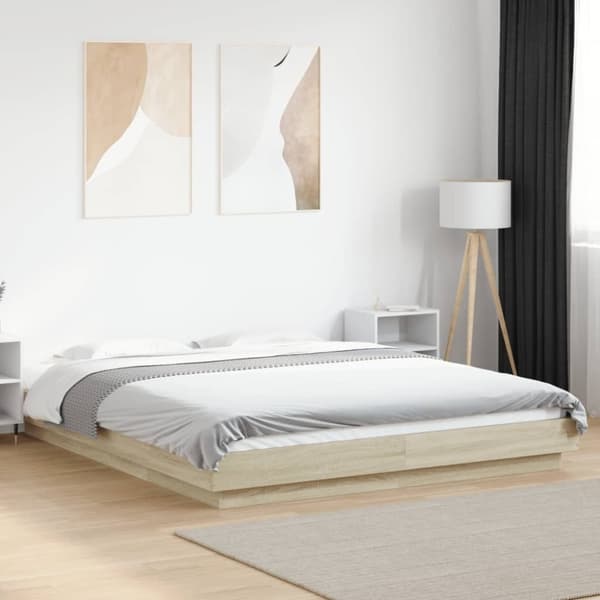 vidaXL sengeramme med LED-lys 160x200 cm konstrueret træ sonoma-eg