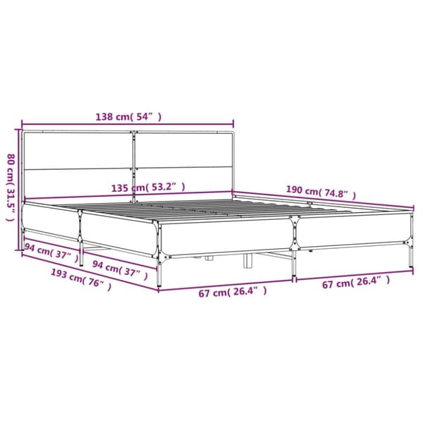 vidaXL Sengeramme brun eik 135x190 cm konstruert tre og metall