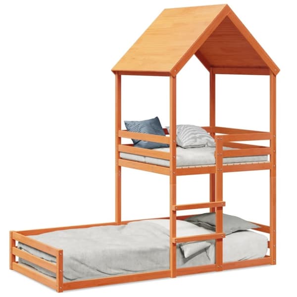 vidaXL Våningssäng med tak vaxad brun 90x190 cm massiv furu