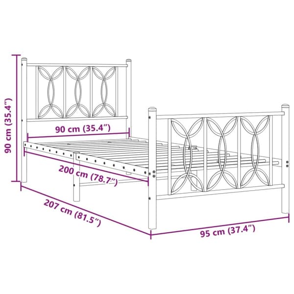 vidaXL Sengeramme i metall med hode- og fotgavl hvit 90x200 cm