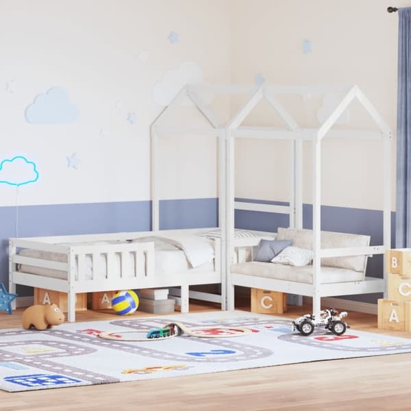 vidaXL Sängram med bänk och tak vit 100x200 cm massiv furu
