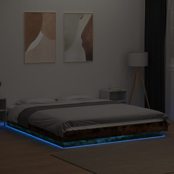 vidaXL Sengeramme med LED-lys røkt eik 150x200 cm konstruert tre