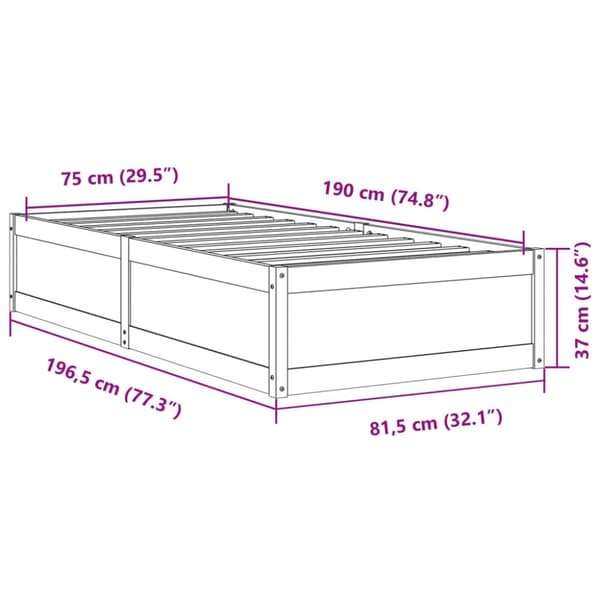 vidaXL Sengeramme uten madrass voksbrun 75x190 cm heltre furu