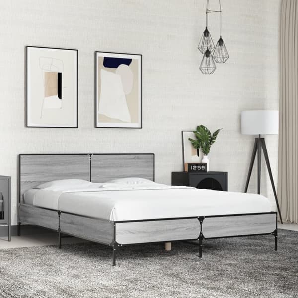 vidaXL sengestel 135x190 cm konstrueret træ og metal grå sonoma-eg