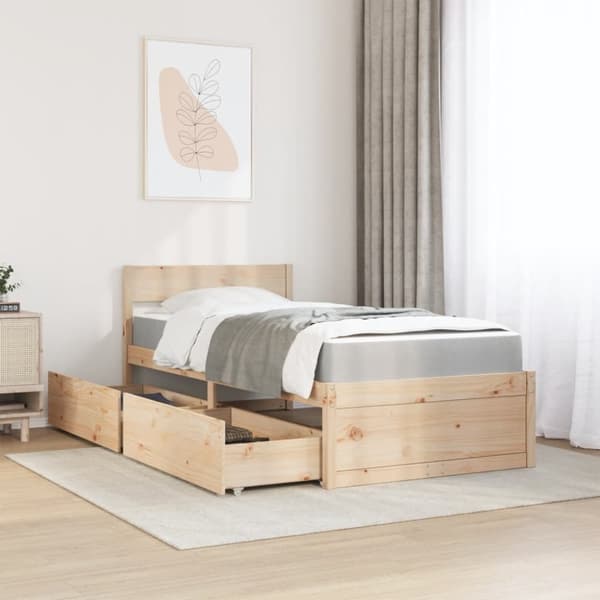 vidaXL Sänky laatikoilla ja patjalla 90x190 cm täysi mänty