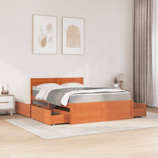 vidaXL Seng med skuffer og madrass voksbrun 140x190 cm heltre furu