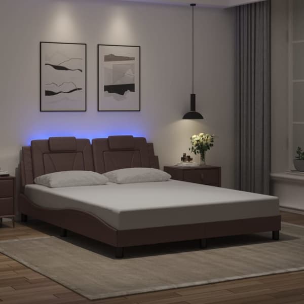 vidaXL sengeramme med LED-lys 160x200 cm kunstlæder brun