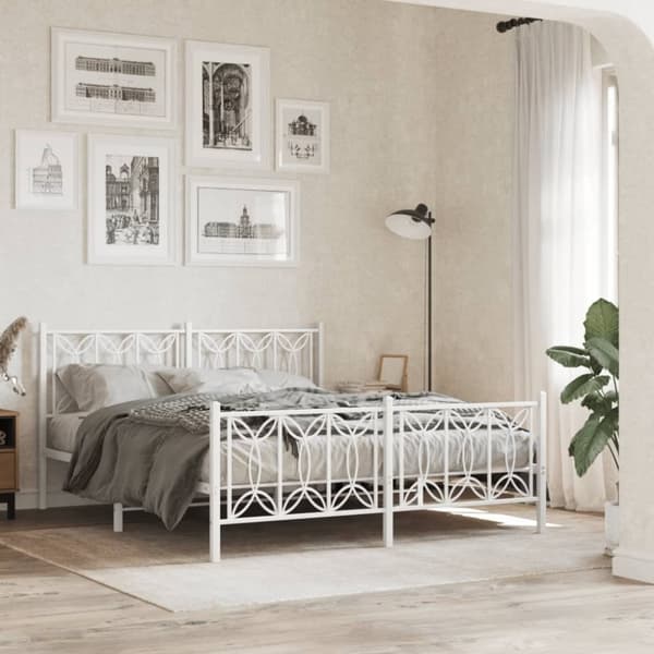 vidaXL sengeramme med sengegavl og fodgærde 160x200 cm metal hvid