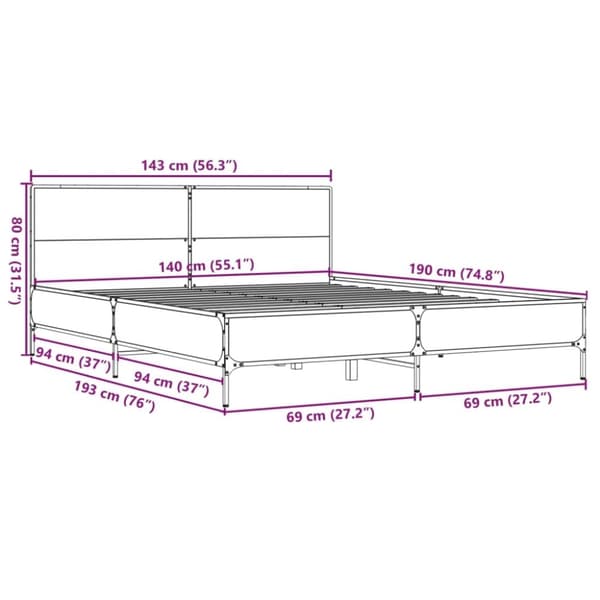 vidaXL sengestel 140x190 cm konstrueret træ og metal brun egetræsfarve