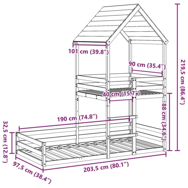 vidaXL køjeseng med tag 90x190 cm massivt fyrretræ hvid