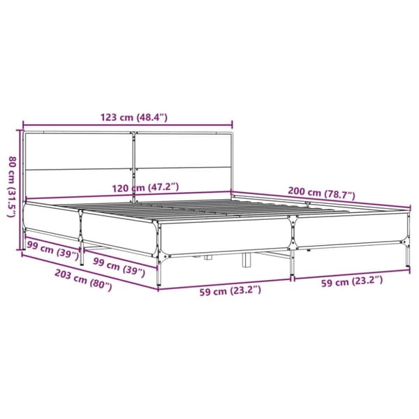 vidaXL Sängynrunko harmaa Sonoma 120x200 cm tekninen puu ja metalli