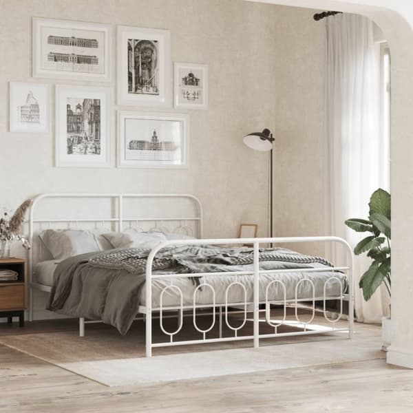 vidaXL Sengeramme i metall med hode- og fotgavl hvit 135x190 cm