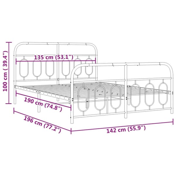 vidaXL Sengeramme i metall med hode- og fotgavl hvit 135x190 cm