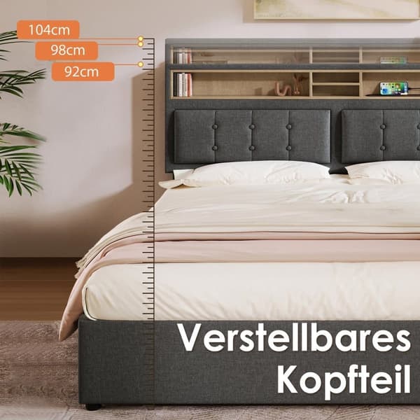 Linen 160x200cm sängkista med USB-port - justerbar huvudgavel och resårbotten - Grå