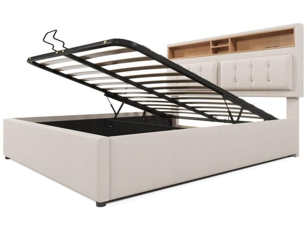 Vuode 160x200cm liinavaatteissa USB-portilla - säädettävä pääty ja joustava pohja - beige