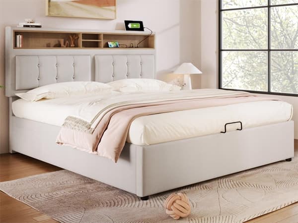 Boksseng 160x200cm i hør med USB-port - justerbart hovedgærde og elastisk bund - Beige