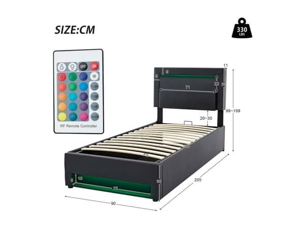 Brystseng 90x200 cm i kunstlæder med LED - med opladningsporte (kablet & trådløs) - Sort