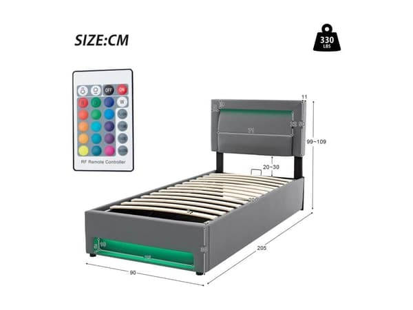 Brystseng 90x200 cm i kunstlæder med LED - med opladningsstik (kablet & trådløs) - Grå