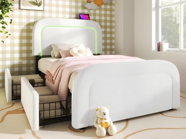 LED-belysning och 4 lådor, dubbelsäng, höj- och sänkbar sänggavel, trälamell (utan madrass)