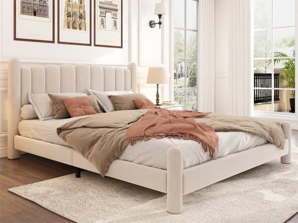 Stoppad säng med lamellram och huvudgavel, Stilren solfjäderformad huvudgavel, Cylindriska stödben, Sammet Beige 160*200cm