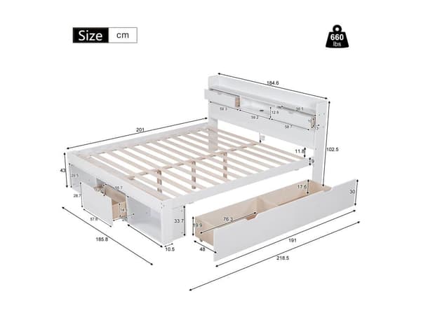 Med USB port & skuffer & opbevaringsskabe, Barneseng, Ungdomsseng, Multifunktionel seng, Stor opbevaringsplads, uden madras