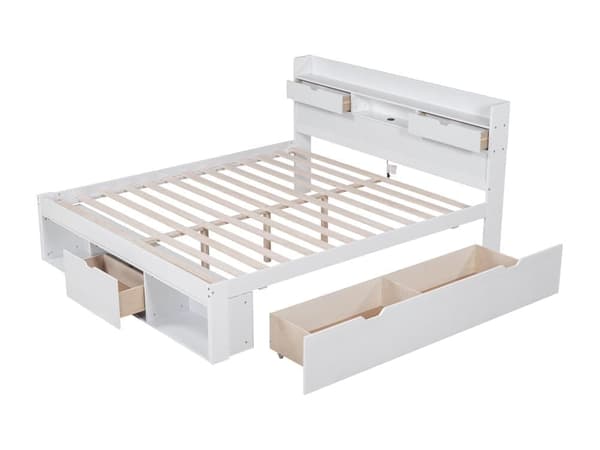 Med USB port & skuffer & opbevaringsskabe, Barneseng, Ungdomsseng, Multifunktionel seng, Stor opbevaringsplads, uden madras