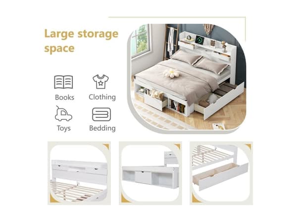Med USB port & skuffer & opbevaringsskabe, Barneseng, Ungdomsseng, Multifunktionel seng, Stor opbevaringsplads, uden madras