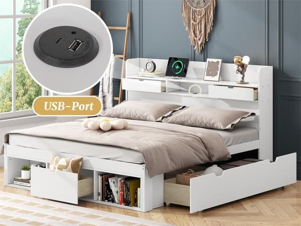 Med USB-port & lådor & förvaringsskåp, Barnsäng, Ungdomssäng, Multifunktionell säng, Stort förvaringsutrymme, utan madrass 180*200cm