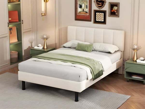 Møbleret seng, jernfødder, lamelramme, enkelt design, madras medfølger ikke, sherpastof, beige 140*190cm