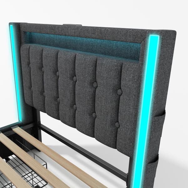 USB Type-C opladningsfunktion, LED-belysning og 4 skuffer, ungdomssenge, dobbeltseng, opbevaringssenge, sengeramme, trælameller (uden madras)