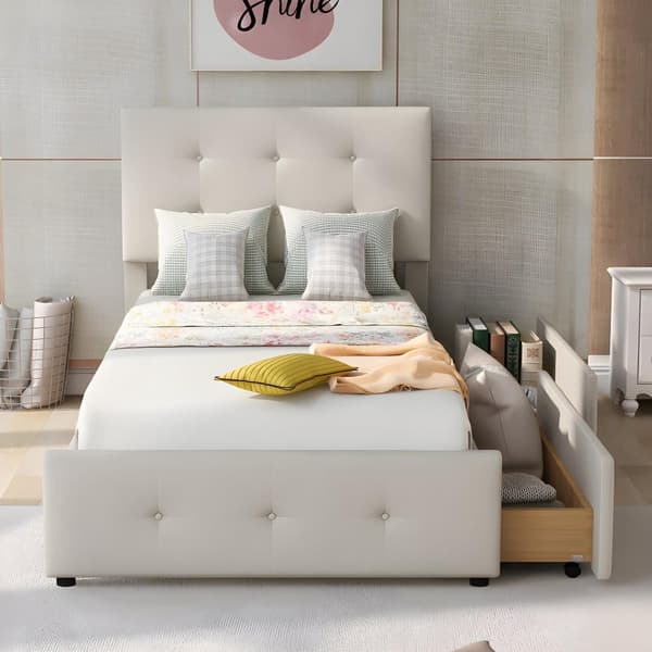 Ryggstöd och två lådor, hudvänligt sammetstyg Beige flat enkelsäng Barnsäng Ungdomssäng Gästsäng