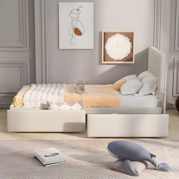 Ryggstöd och två lådor, hudvänligt sammetstyg Beige flat enkelsäng Barnsäng Ungdomssäng Gästsäng